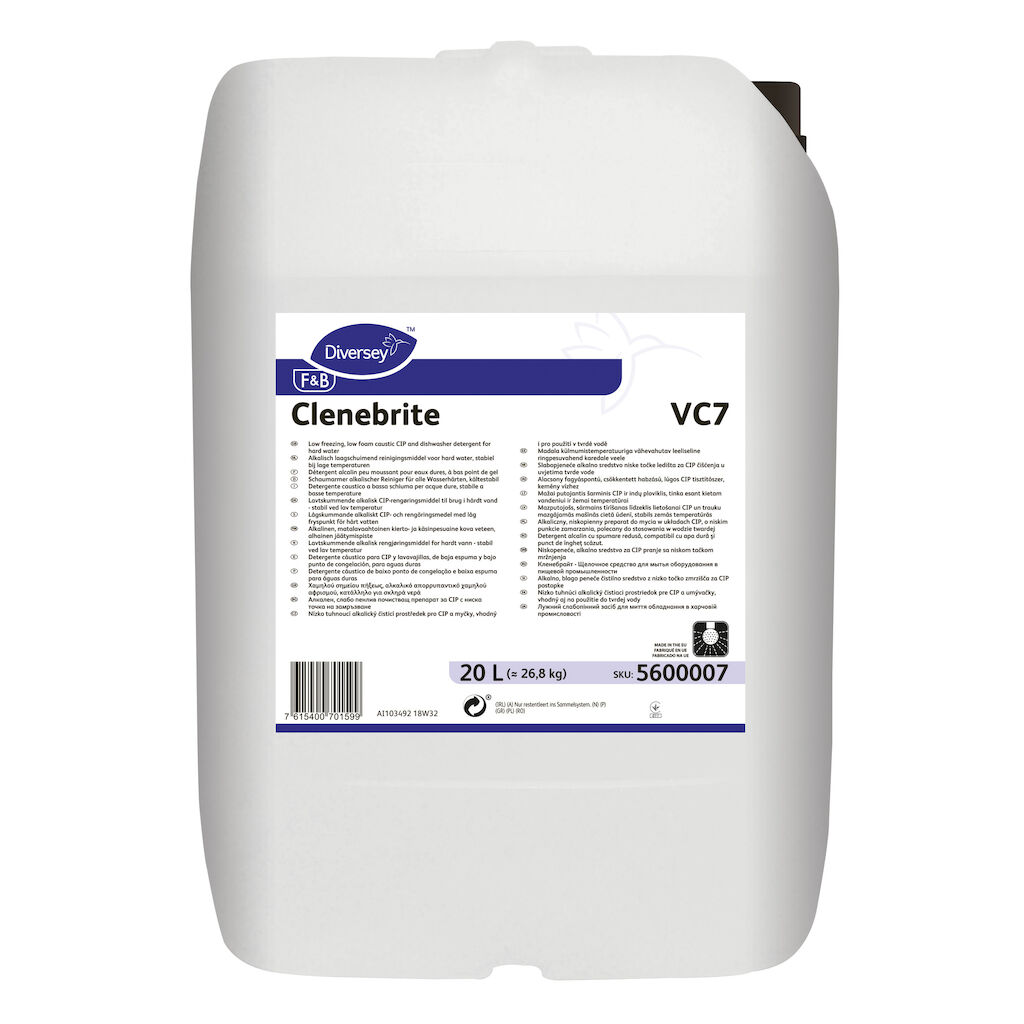 Clenebrite VC7 20L - Detergent alcalin cu spumare redusă, compatibil cu apa dură şi punct de îngheţ scăzut.